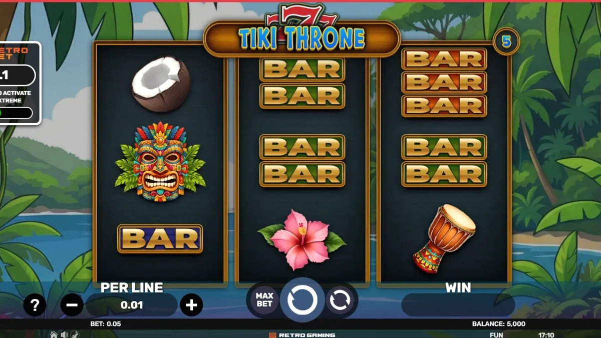 Tampilan visual slot 777 – Tiki Throne dengan tema tropis dan simbol buah klasik